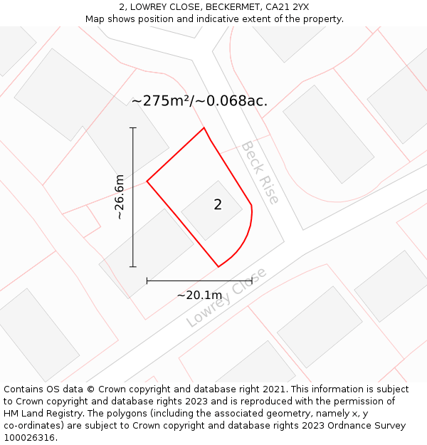 2, LOWREY CLOSE, BECKERMET, CA21 2YX: Plot and title map