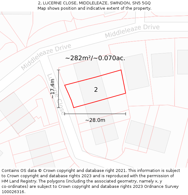 2, LUCERNE CLOSE, MIDDLELEAZE, SWINDON, SN5 5GQ: Plot and title map