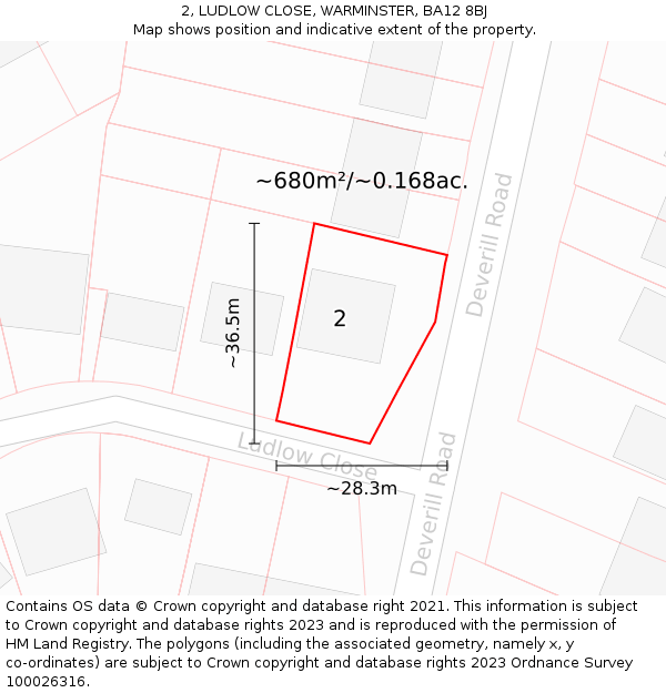 2, LUDLOW CLOSE, WARMINSTER, BA12 8BJ: Plot and title map