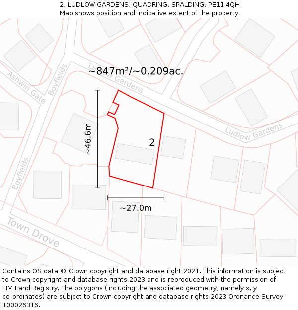 2, LUDLOW GARDENS, QUADRING, SPALDING, PE11 4QH: Plot and title map