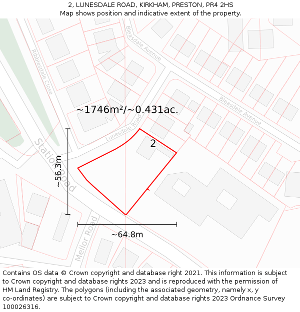 2, LUNESDALE ROAD, KIRKHAM, PRESTON, PR4 2HS: Plot and title map