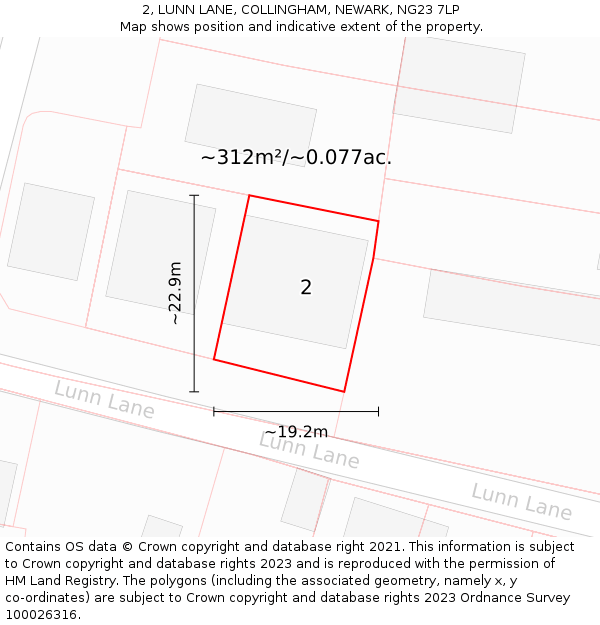 2, LUNN LANE, COLLINGHAM, NEWARK, NG23 7LP: Plot and title map