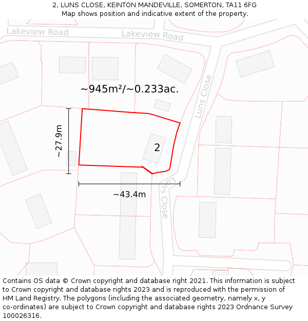 2, LUNS CLOSE, KEINTON MANDEVILLE, SOMERTON, TA11 6FG: Plot and title map
