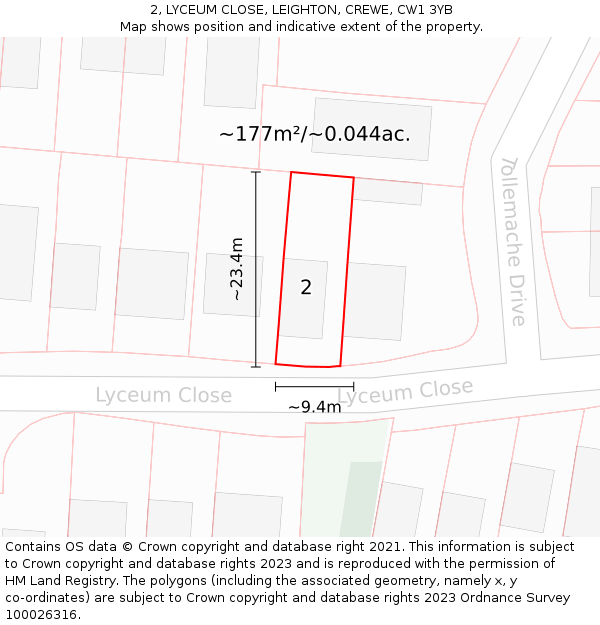 2, LYCEUM CLOSE, LEIGHTON, CREWE, CW1 3YB: Plot and title map