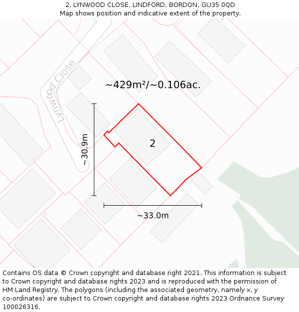 2, LYNWOOD CLOSE, LINDFORD, BORDON, GU35 0QD: Plot and title map