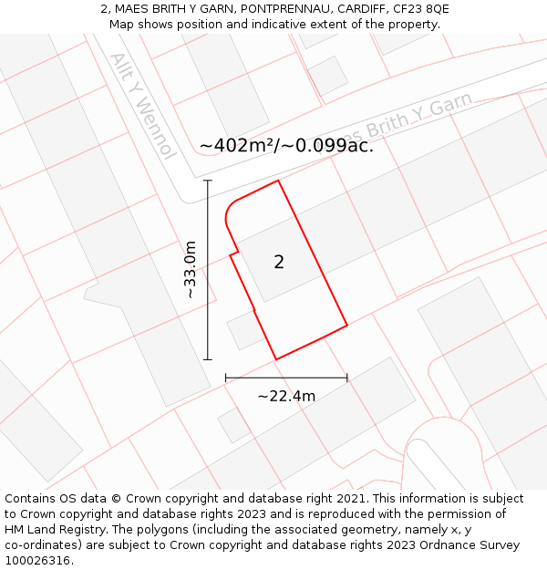 2, MAES BRITH Y GARN, PONTPRENNAU, CARDIFF, CF23 8QE: Plot and title map