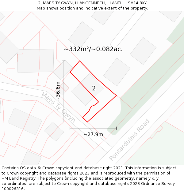 2, MAES TY GWYN, LLANGENNECH, LLANELLI, SA14 8XY: Plot and title map