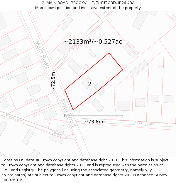 2, MAIN ROAD, BROOKVILLE, THETFORD, IP26 4RA: Plot and title map