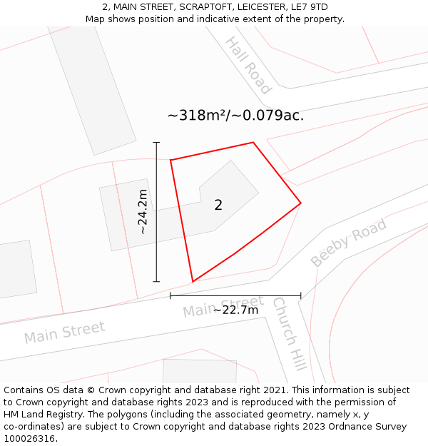 2, MAIN STREET, SCRAPTOFT, LEICESTER, LE7 9TD: Plot and title map