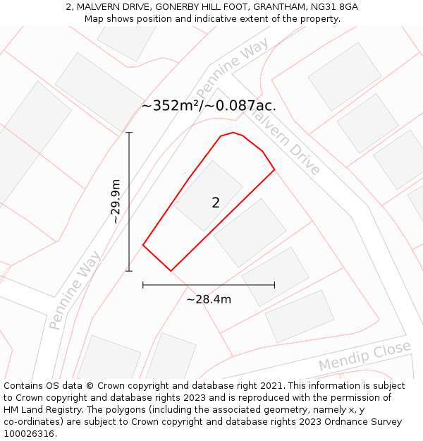 2, MALVERN DRIVE, GONERBY HILL FOOT, GRANTHAM, NG31 8GA: Plot and title map