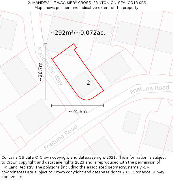 2, MANDEVILLE WAY, KIRBY CROSS, FRINTON-ON-SEA, CO13 0RS: Plot and title map