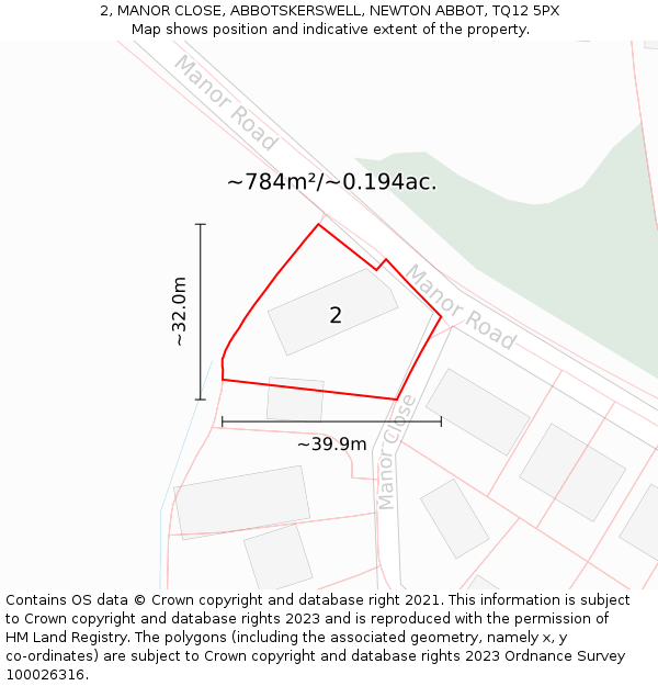 2, MANOR CLOSE, ABBOTSKERSWELL, NEWTON ABBOT, TQ12 5PX: Plot and title map