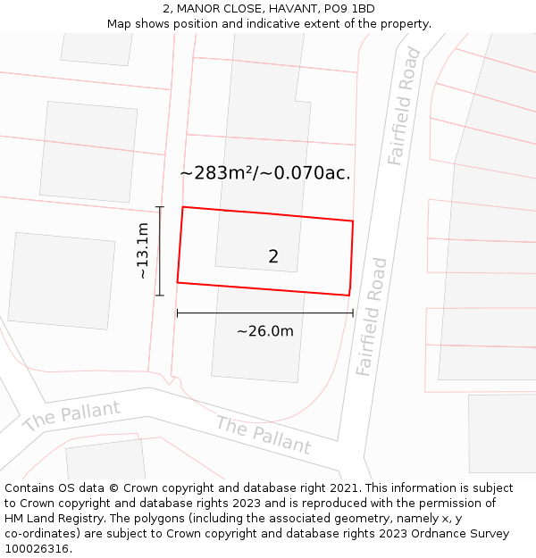 2, MANOR CLOSE, HAVANT, PO9 1BD: Plot and title map