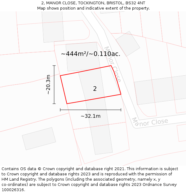 2, MANOR CLOSE, TOCKINGTON, BRISTOL, BS32 4NT: Plot and title map