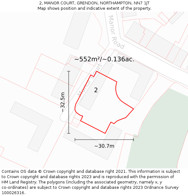 2, MANOR COURT, GRENDON, NORTHAMPTON, NN7 1JT: Plot and title map