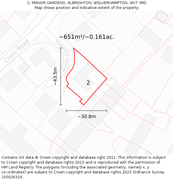 2, MANOR GARDENS, ALBRIGHTON, WOLVERHAMPTON, WV7 3RD: Plot and title map