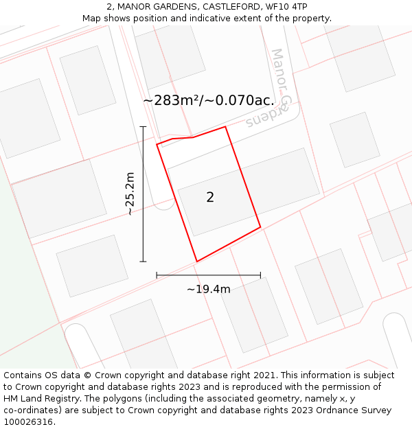 2, MANOR GARDENS, CASTLEFORD, WF10 4TP: Plot and title map