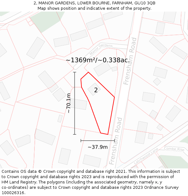 2, MANOR GARDENS, LOWER BOURNE, FARNHAM, GU10 3QB: Plot and title map