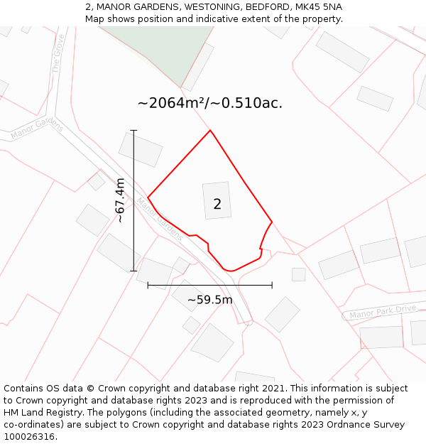 2, MANOR GARDENS, WESTONING, BEDFORD, MK45 5NA: Plot and title map