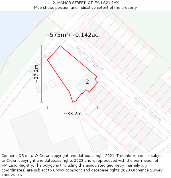 2, MANOR STREET, OTLEY, LS21 1AX: Plot and title map