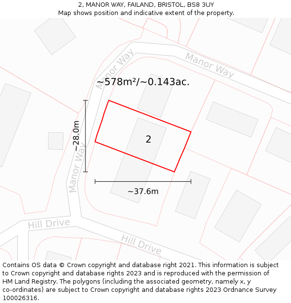 2, MANOR WAY, FAILAND, BRISTOL, BS8 3UY: Plot and title map