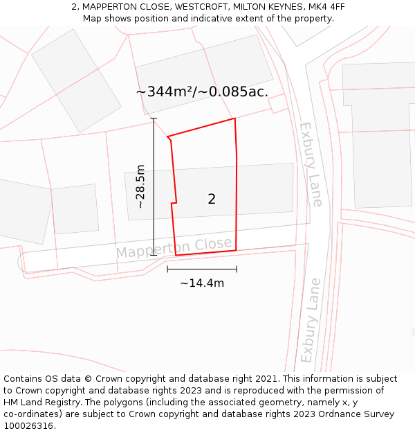 2, MAPPERTON CLOSE, WESTCROFT, MILTON KEYNES, MK4 4FF: Plot and title map