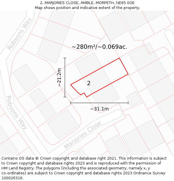 2, MARJORIES CLOSE, AMBLE, MORPETH, NE65 0GE: Plot and title map