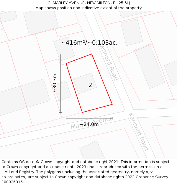 2, MARLEY AVENUE, NEW MILTON, BH25 5LJ: Plot and title map