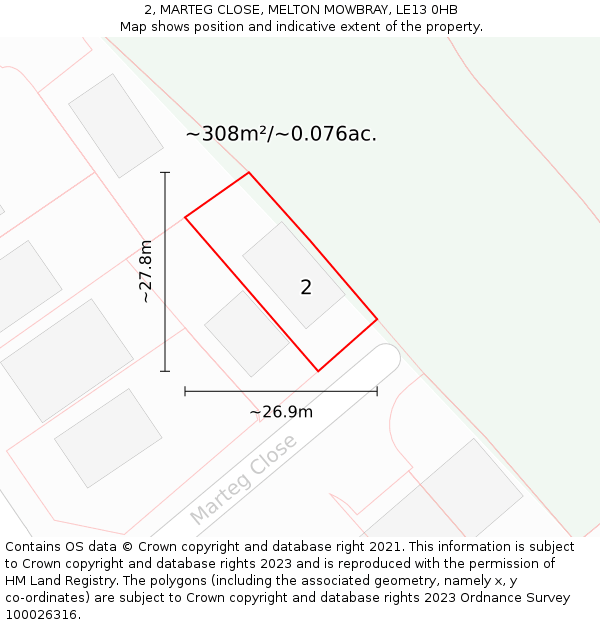 2, MARTEG CLOSE, MELTON MOWBRAY, LE13 0HB: Plot and title map