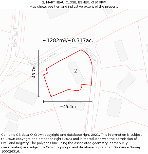 2, MARTINEAU CLOSE, ESHER, KT10 9PW: Plot and title map