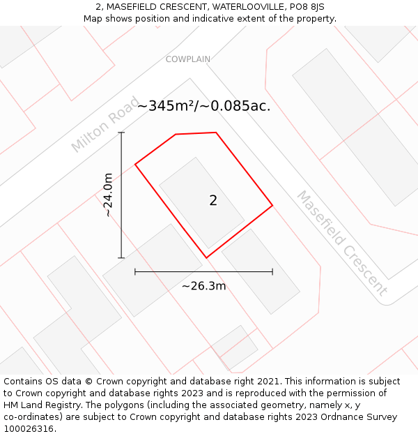 2, MASEFIELD CRESCENT, WATERLOOVILLE, PO8 8JS: Plot and title map