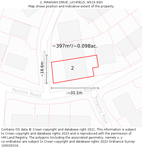 2, MAWGAN DRIVE, LICHFIELD, WS14 9SD: Plot and title map