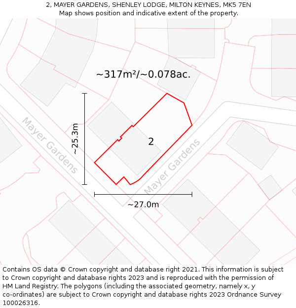 2, MAYER GARDENS, SHENLEY LODGE, MILTON KEYNES, MK5 7EN: Plot and title map