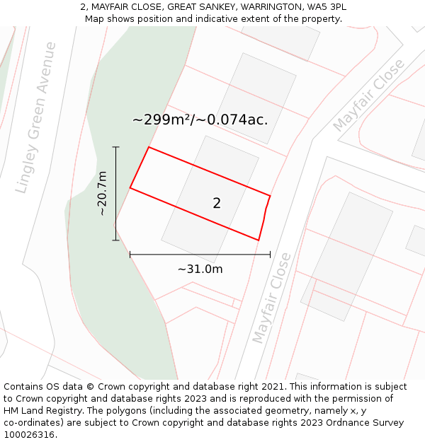 2, MAYFAIR CLOSE, GREAT SANKEY, WARRINGTON, WA5 3PL: Plot and title map