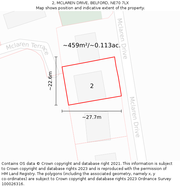 2, MCLAREN DRIVE, BELFORD, NE70 7LX: Plot and title map