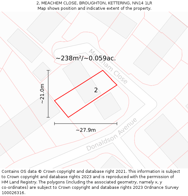 2, MEACHEM CLOSE, BROUGHTON, KETTERING, NN14 1LR: Plot and title map