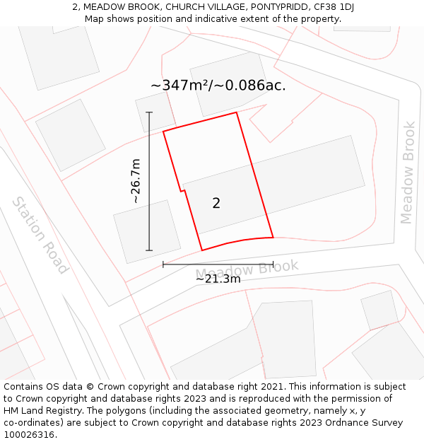 2, MEADOW BROOK, CHURCH VILLAGE, PONTYPRIDD, CF38 1DJ: Plot and title map