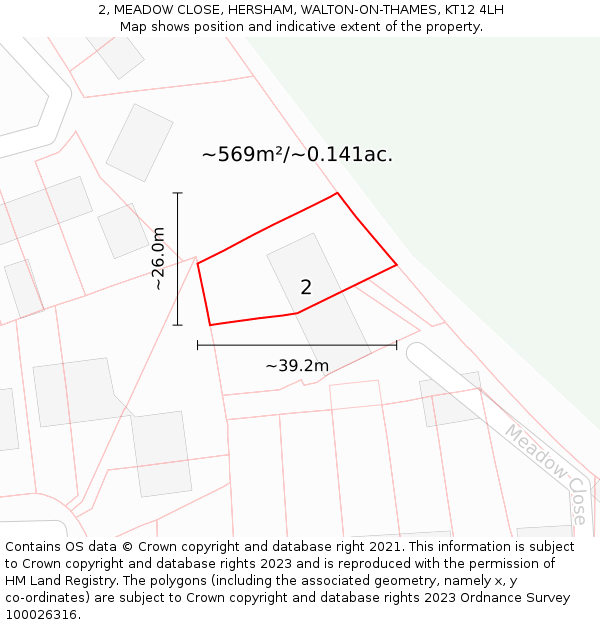 2, MEADOW CLOSE, HERSHAM, WALTON-ON-THAMES, KT12 4LH: Plot and title map