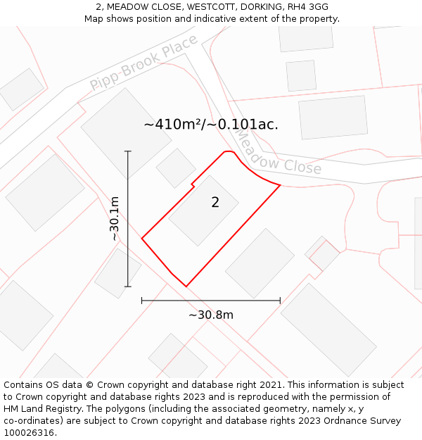 2, MEADOW CLOSE, WESTCOTT, DORKING, RH4 3GG: Plot and title map