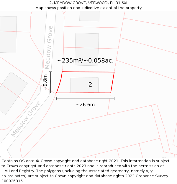 2, MEADOW GROVE, VERWOOD, BH31 6XL: Plot and title map