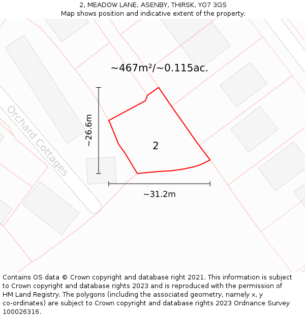 2, MEADOW LANE, ASENBY, THIRSK, YO7 3GS: Plot and title map