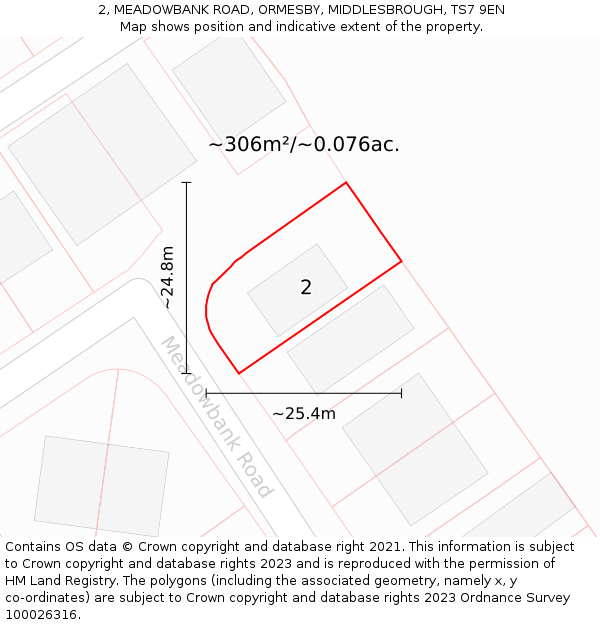 2, MEADOWBANK ROAD, ORMESBY, MIDDLESBROUGH, TS7 9EN: Plot and title map