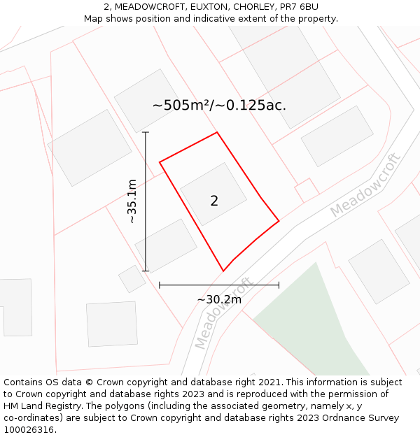 2, MEADOWCROFT, EUXTON, CHORLEY, PR7 6BU: Plot and title map