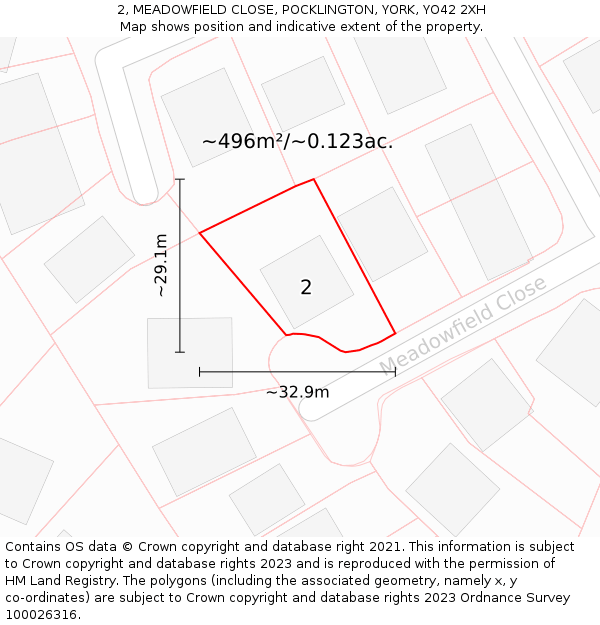 2, MEADOWFIELD CLOSE, POCKLINGTON, YORK, YO42 2XH: Plot and title map