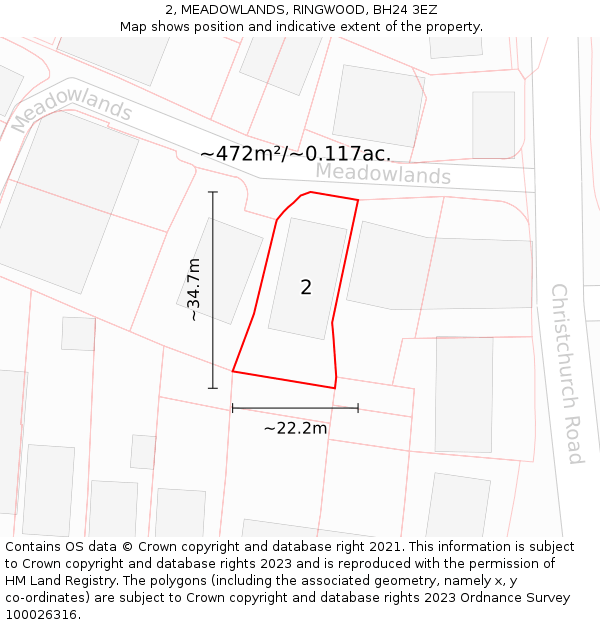 2, MEADOWLANDS, RINGWOOD, BH24 3EZ: Plot and title map