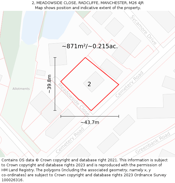 2, MEADOWSIDE CLOSE, RADCLIFFE, MANCHESTER, M26 4JR: Plot and title map