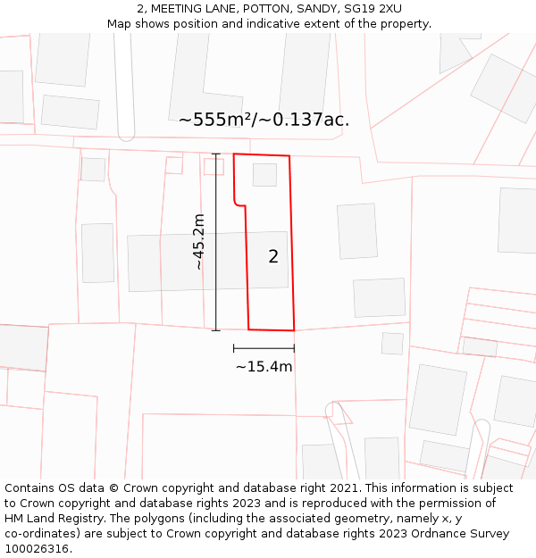 2, MEETING LANE, POTTON, SANDY, SG19 2XU: Plot and title map