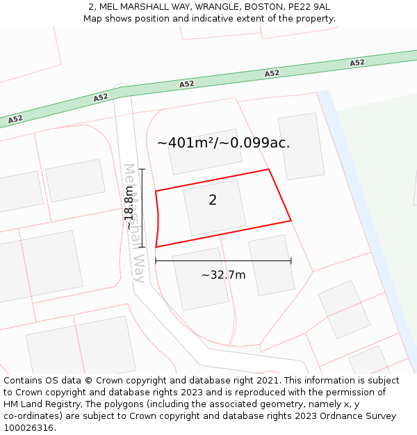 2, MEL MARSHALL WAY, WRANGLE, BOSTON, PE22 9AL: Plot and title map