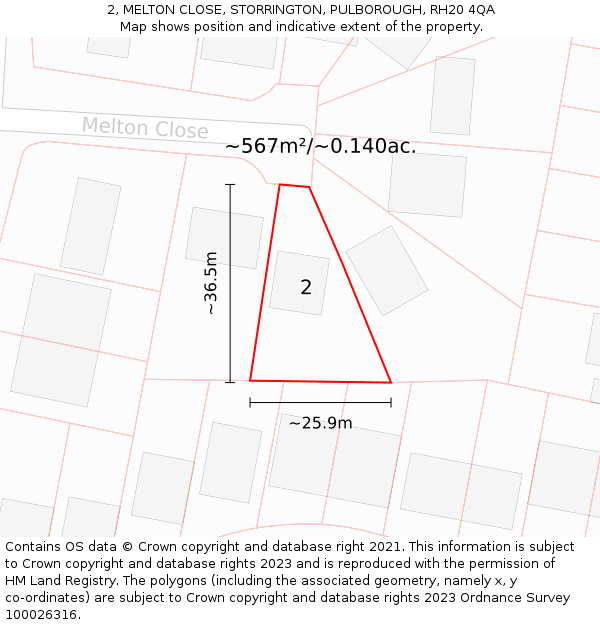 2, MELTON CLOSE, STORRINGTON, PULBOROUGH, RH20 4QA: Plot and title map