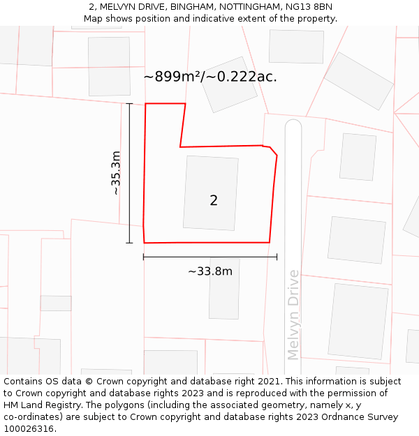 2, MELVYN DRIVE, BINGHAM, NOTTINGHAM, NG13 8BN: Plot and title map